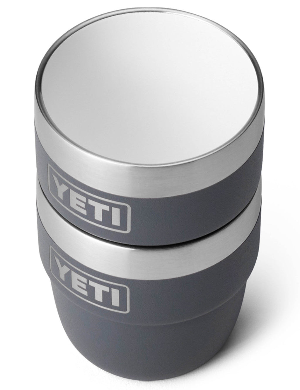 Charcoal YETI Rambler espresso cups stacked, YETI logo stripe and steel rim