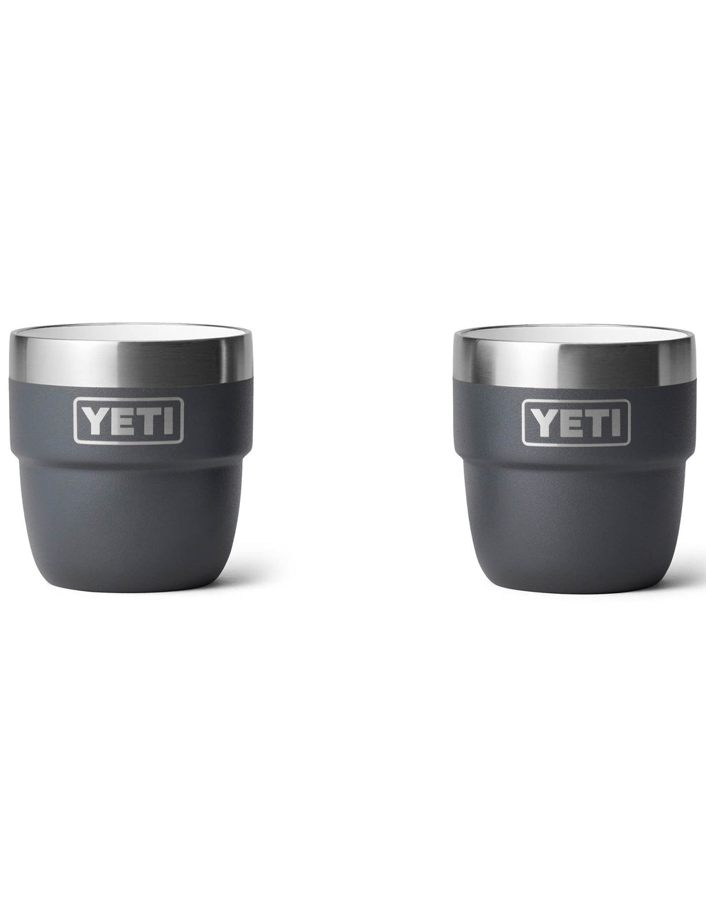 Charcoal YETI Rambler espresso mugs, two-pack, shown side by side