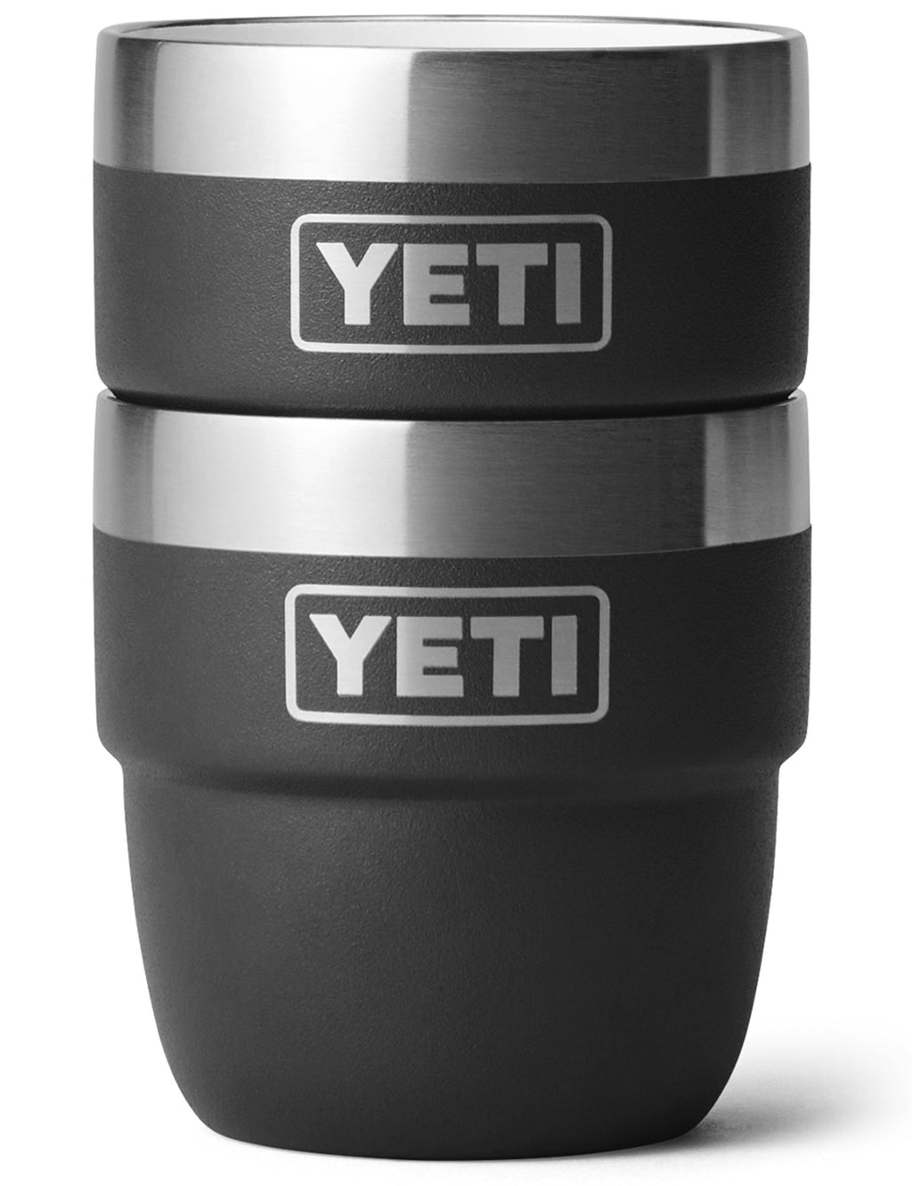YETI Rambler 4 oz espresso mugs set of two, black, with stacked design and YETI logos