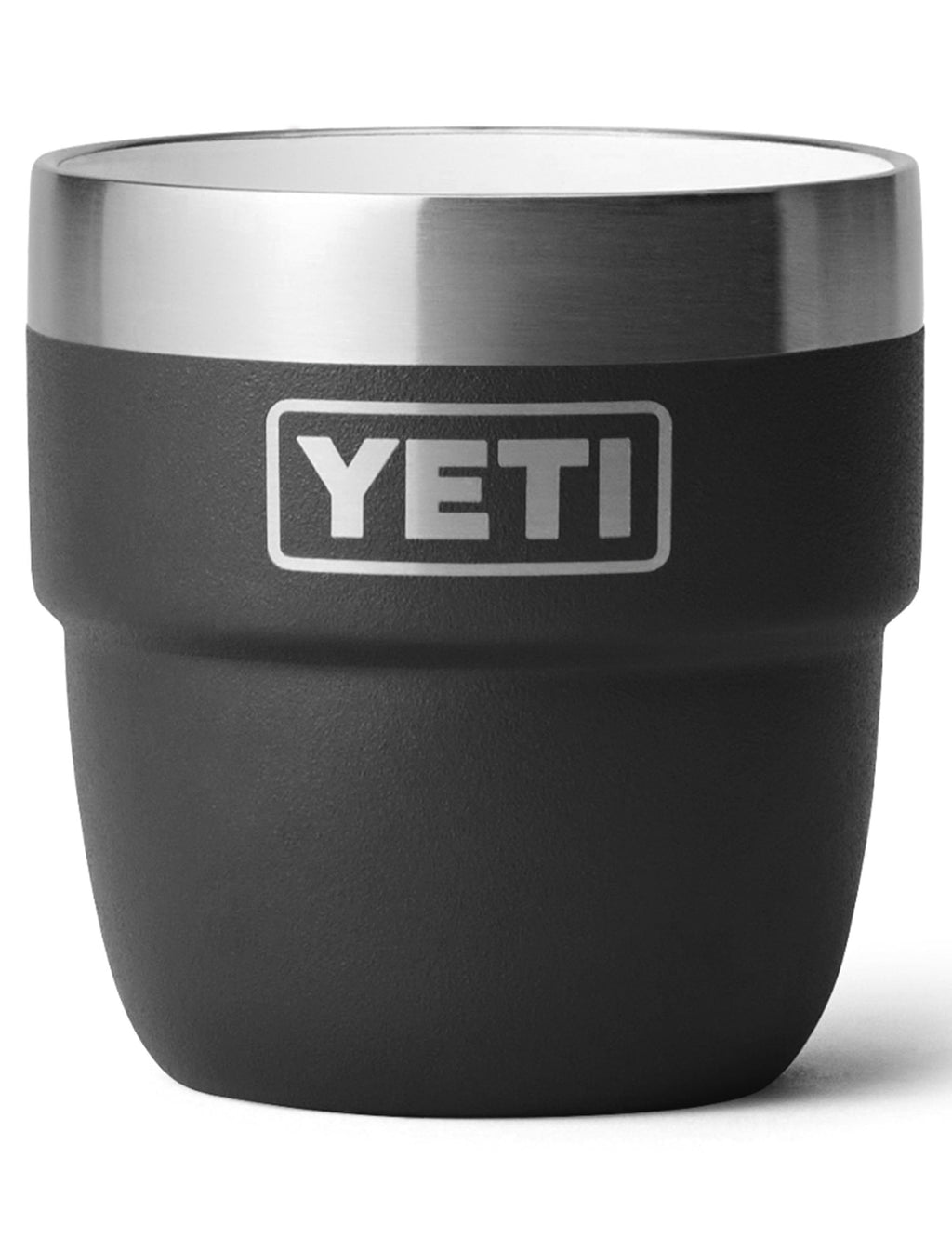 YETI Rambler 4 oz espresso mug, black with silver rim and large YETI logo