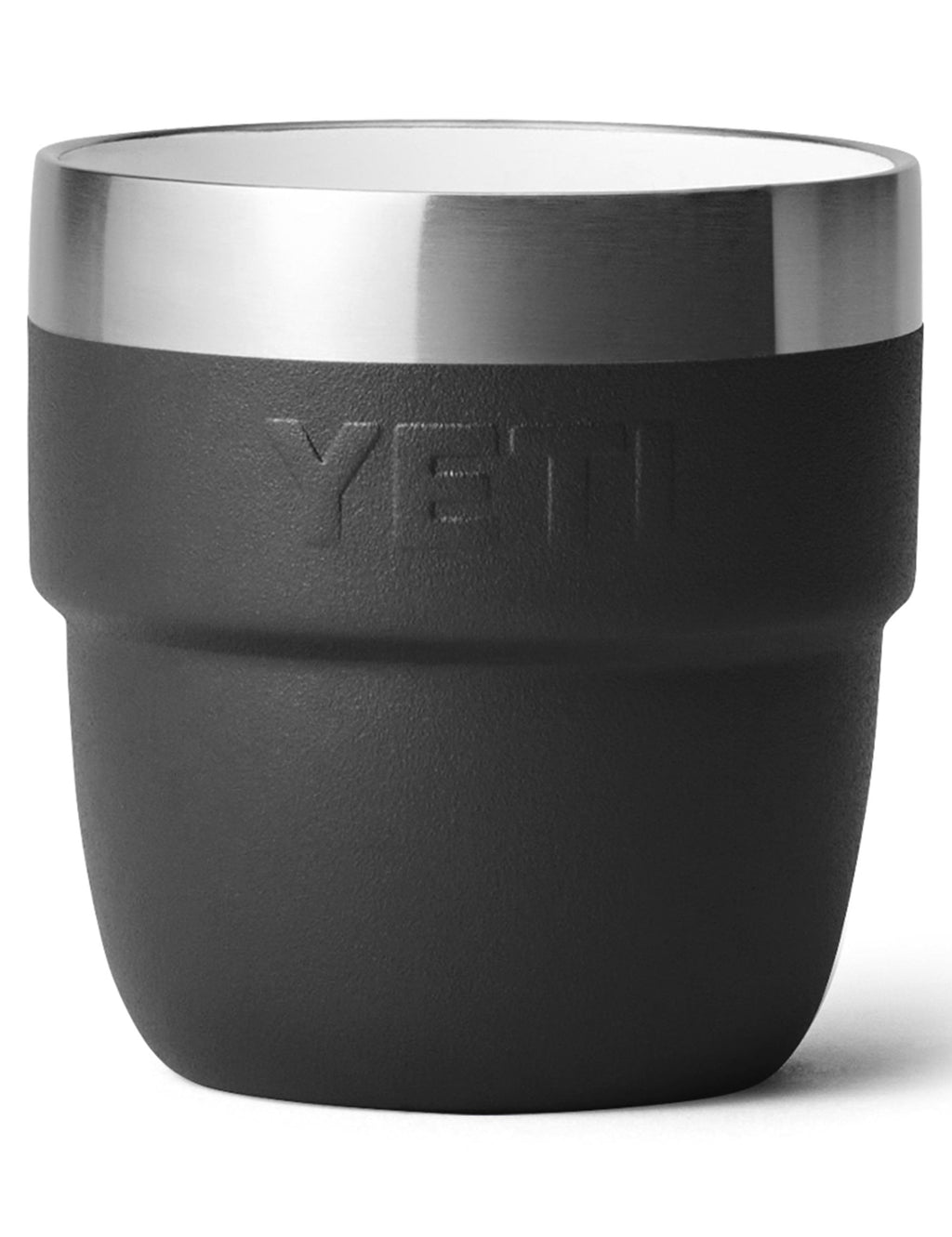 YETI Rambler 4 oz espresso mug, black with silver rim and embossed YETI on side