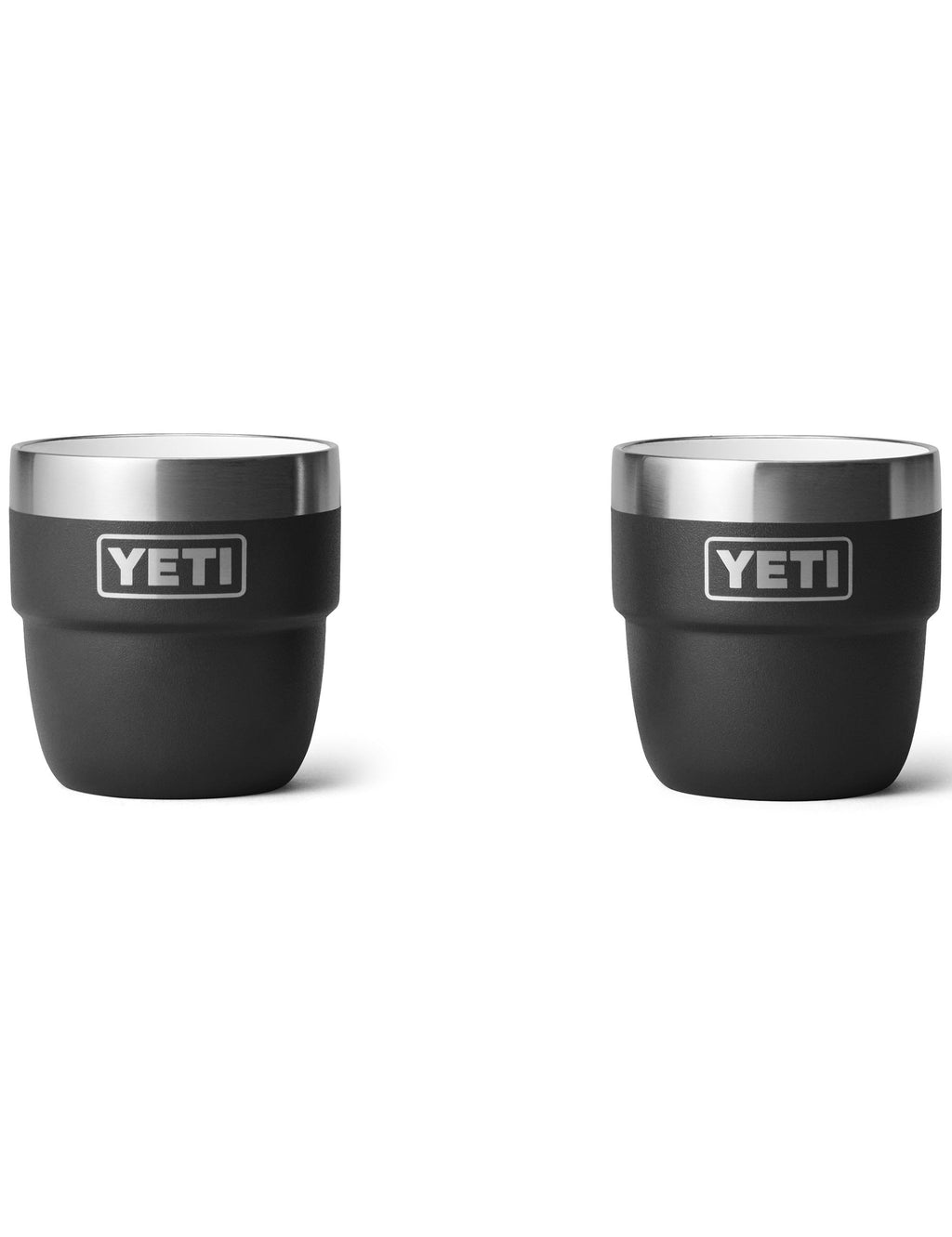 Two YETI Rambler 4 oz espresso mugs, black, each with YETI logo and stainless rim