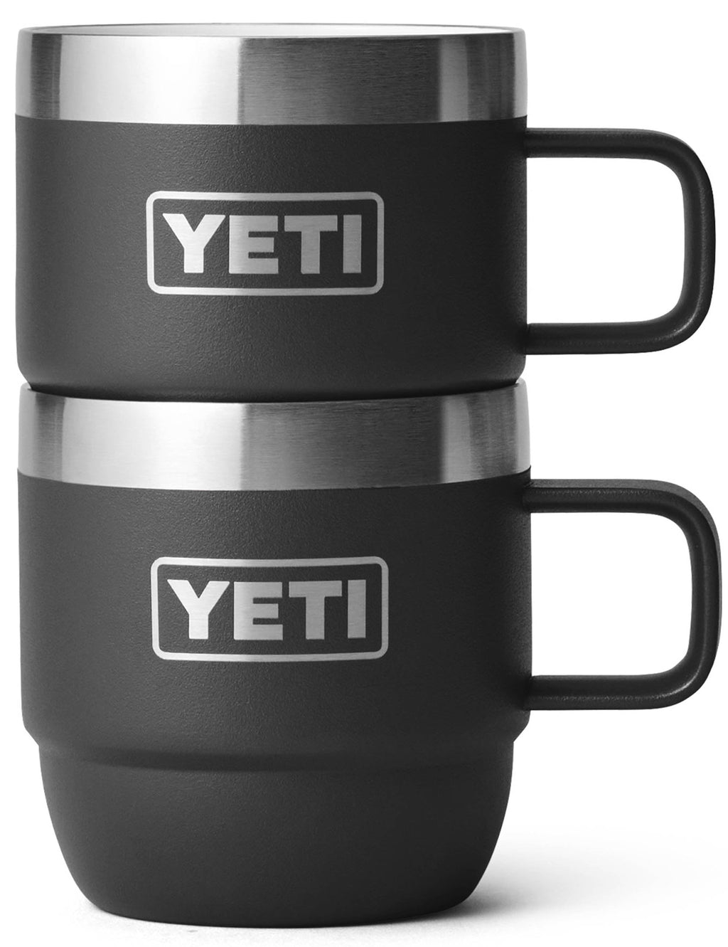 Set of 2 black espresso mugs with YETI logos, silver rims, and side handles