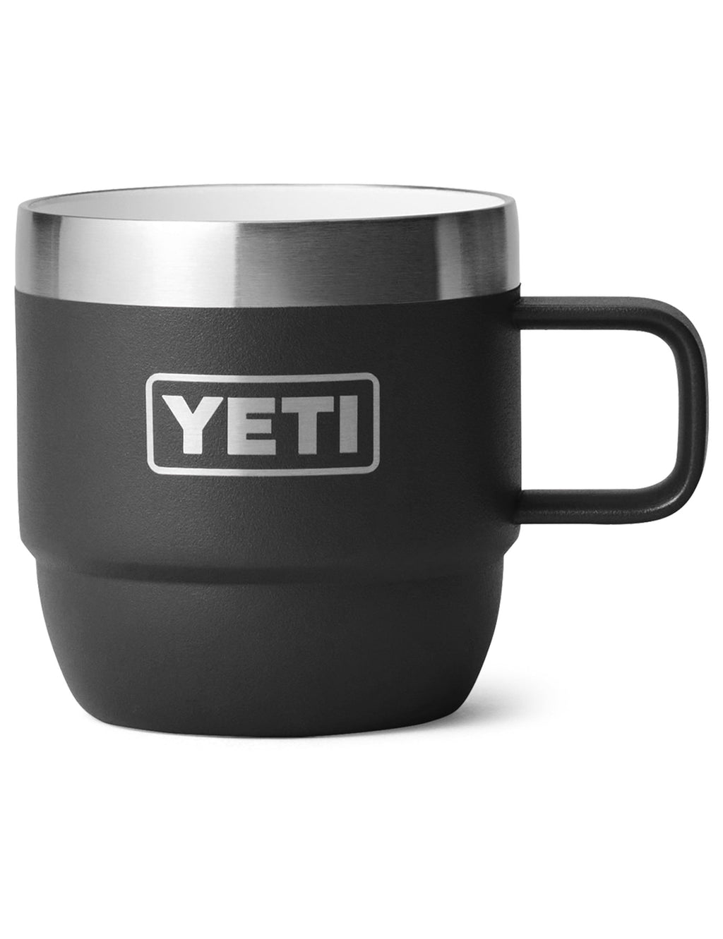 Single black espresso mug with YETI logo, silver rim, and side handle