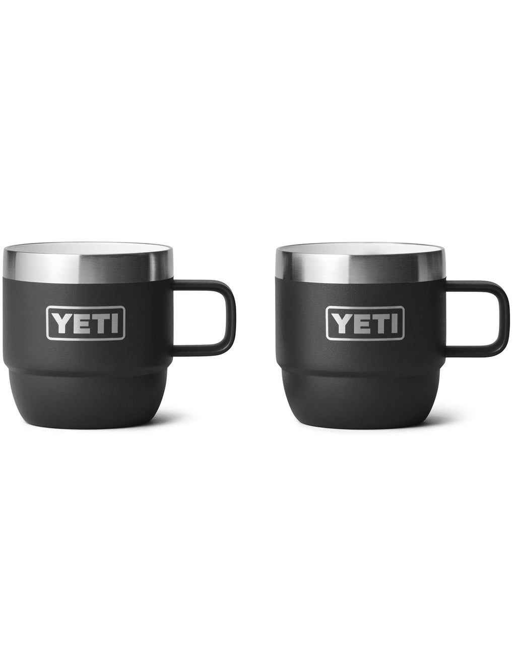 Pair of black espresso mugs with silver rims, YETI logos, and matching handles