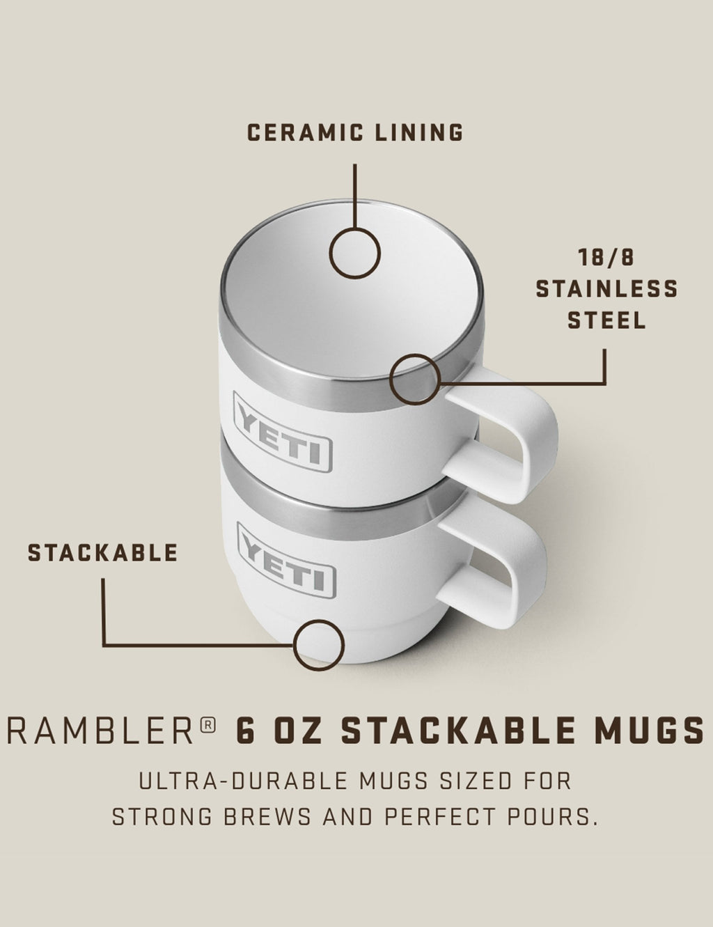 Infographic for 6 oz stackable stainless-steel mugs with ceramic lining and YETI logo