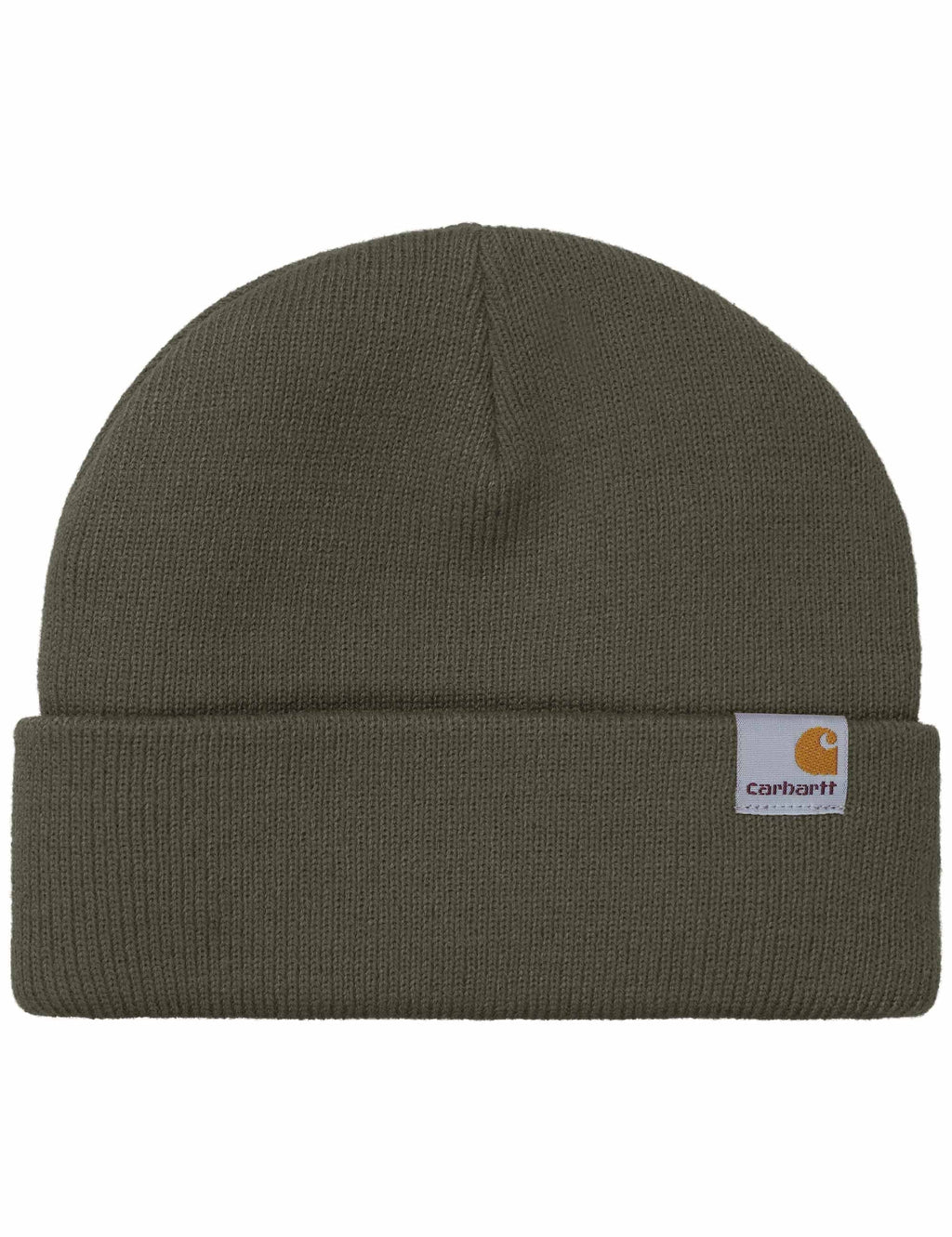Carhartt Stratus Lo knit beanie hat in dark cypress green, fold-up cuff, logo patch