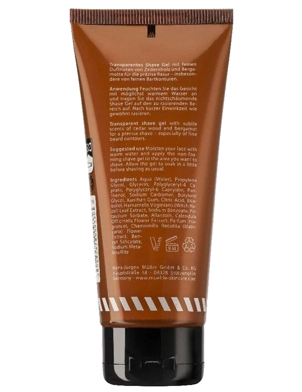 Beard shave gel tube back, brown with black cap, ingredient text on label.