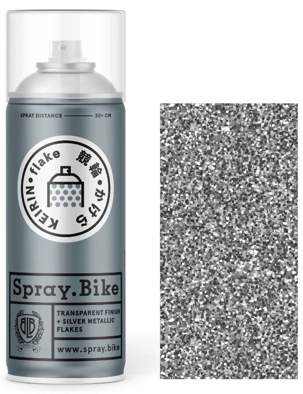 Metallic silver flake spray paint can with close-up of silver flake texture