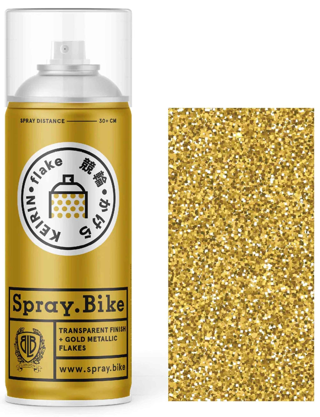 Gold metallic flake spray can with transparent finish and flake graphic