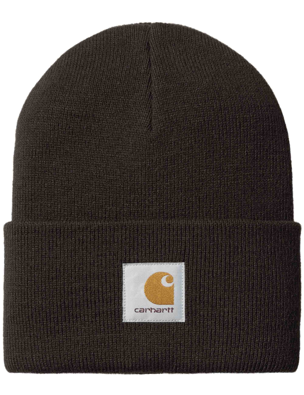 Dark brown knit beanie hat with fold-over cuff and Carhartt logo patch