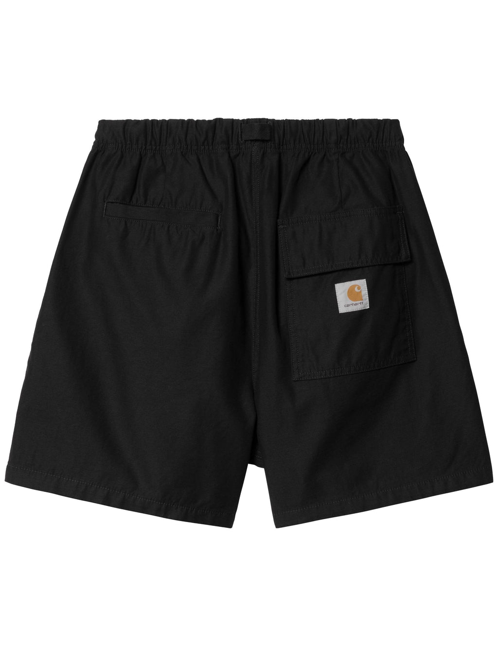 Black utility shorts with elastic waistband, cargo pockets, and logo patch