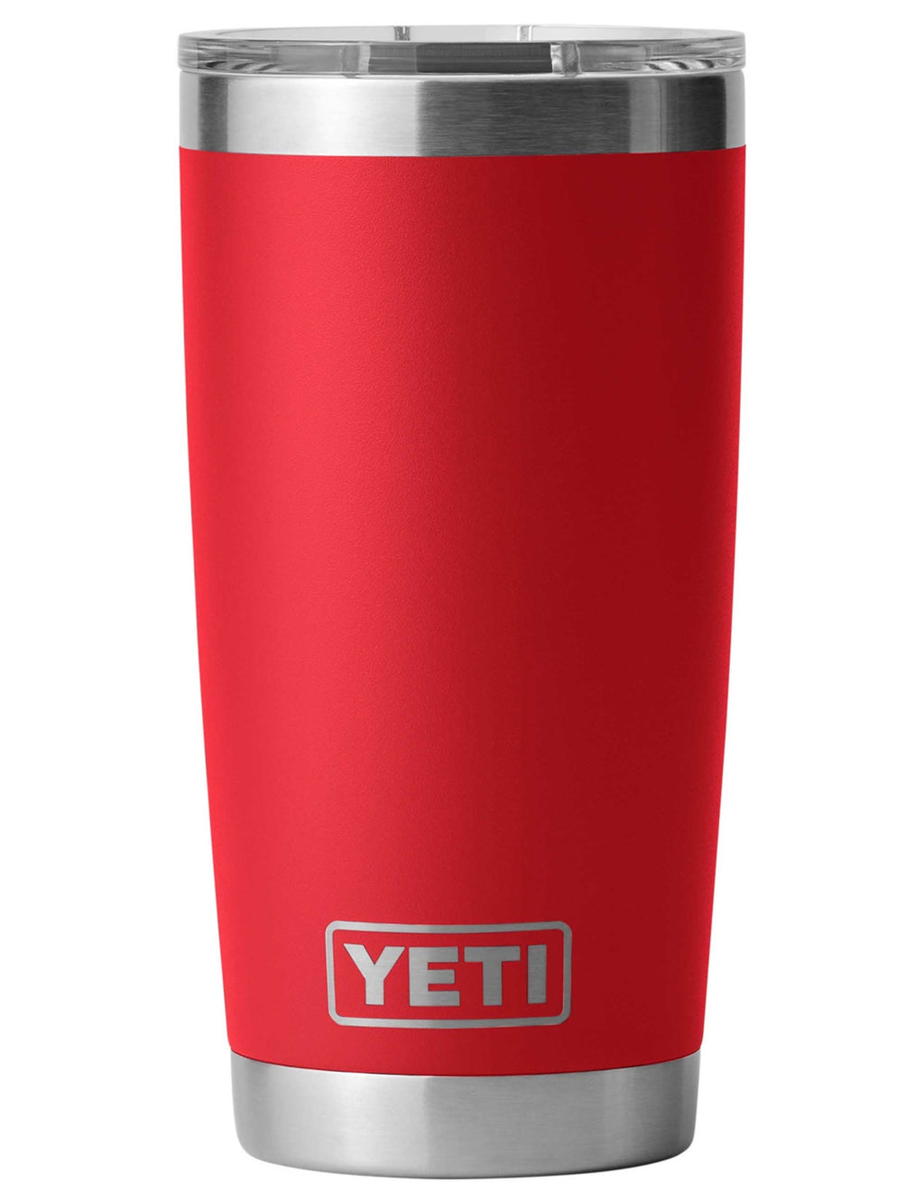 YETI Rambler 20oz tumbler in Rescue Red with stainless lid and front YETI logo