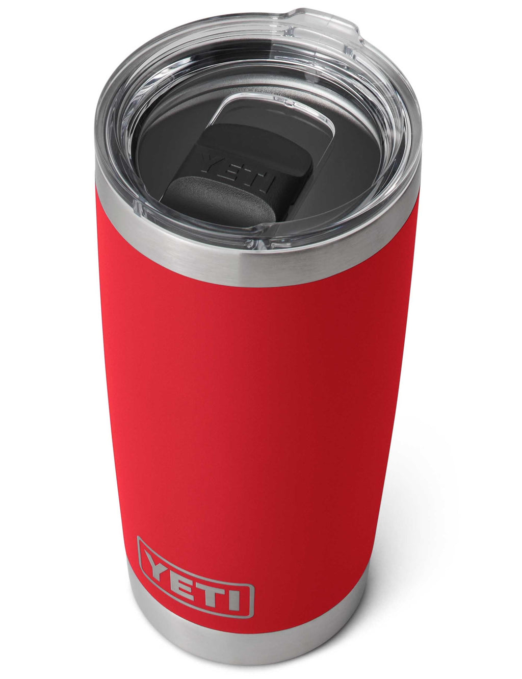 YETI Rambler 20oz tumbler with open lid, stainless rim, and Rescue Red body