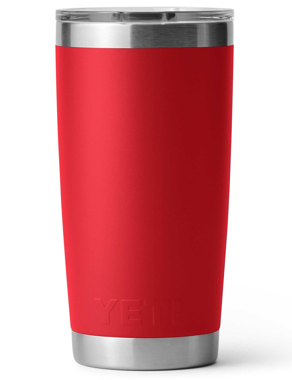 YETI Rambler 20oz tumbler with Rescue Red body, stainless base, and embossed YETI