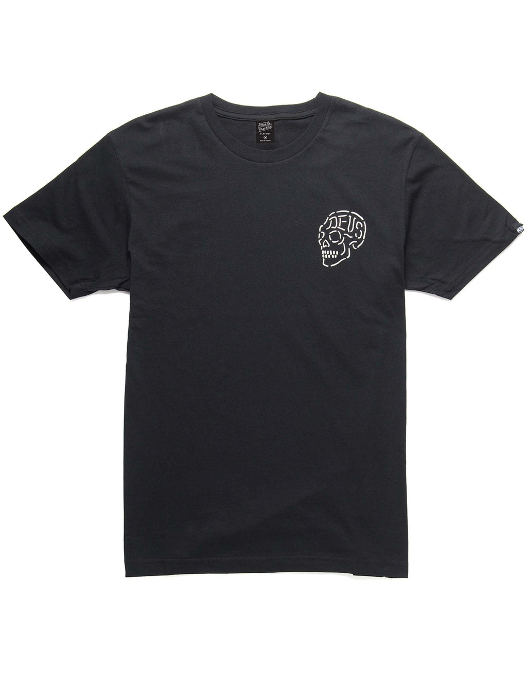 Black crewneck T-shirt with small white skull graphic on left chest