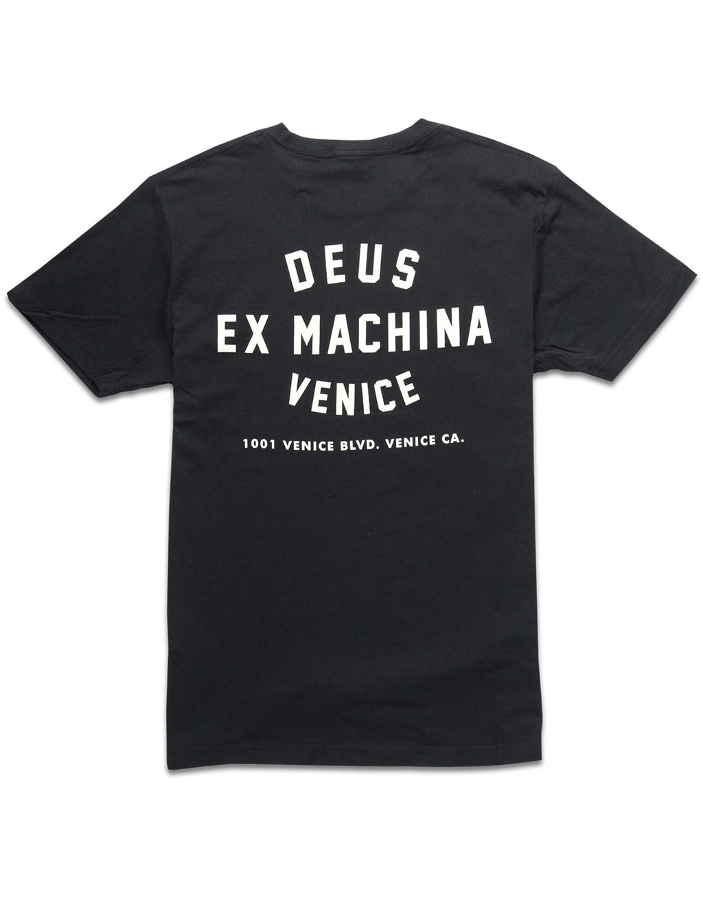 Black crewneck T-shirt with large white 'DEUS EX MACHINA' back print