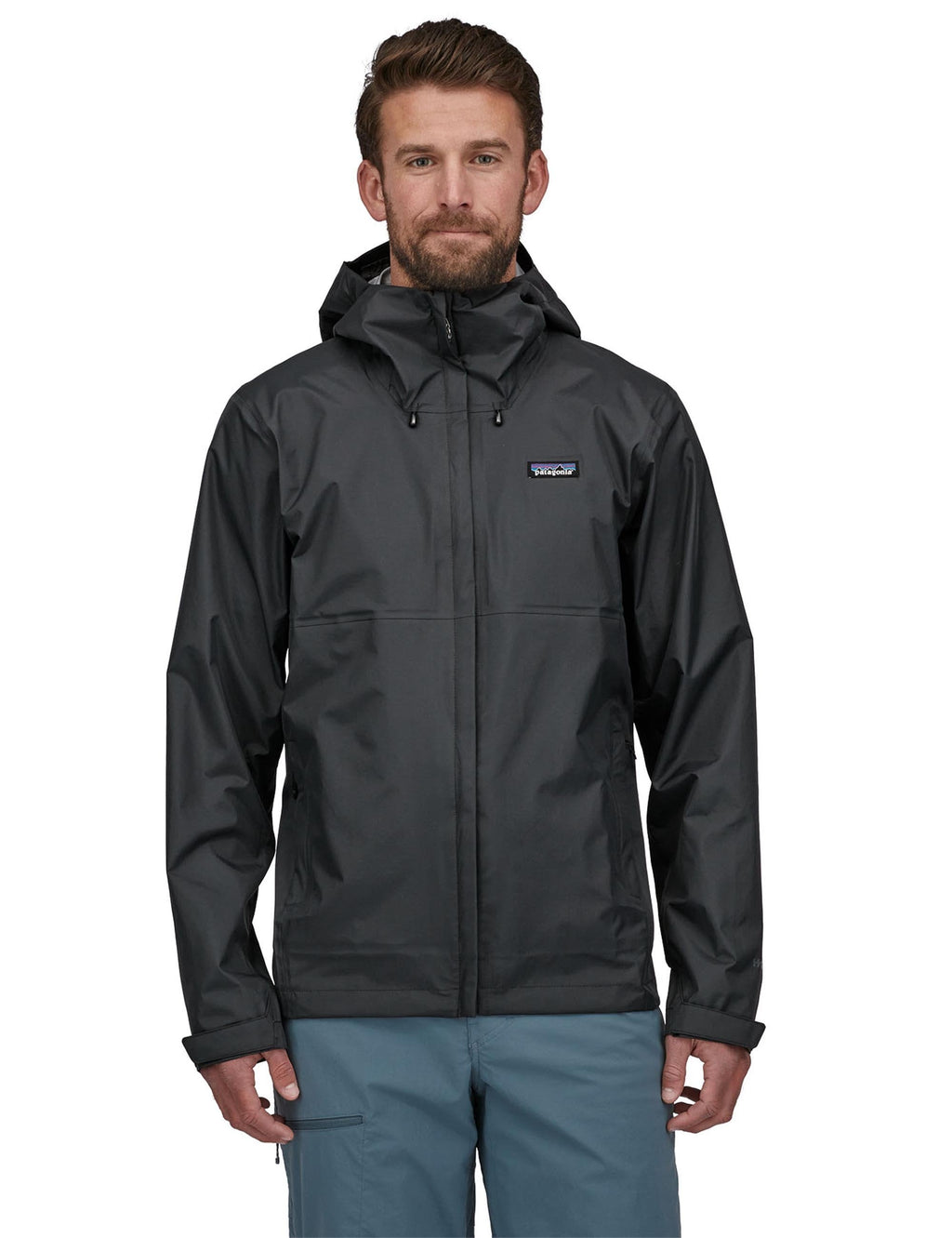 3L rain jacket in black, front view, with hood and full-zip closure