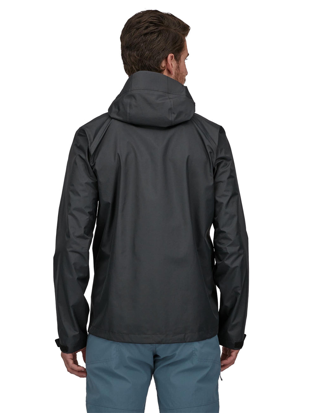 3L rain jacket in black, back view, with attached hood and full-zip