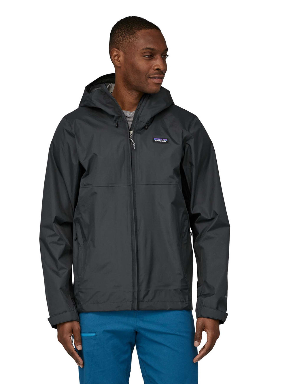 3L rain jacket in black with hood, full-zip front, and chest logo patch