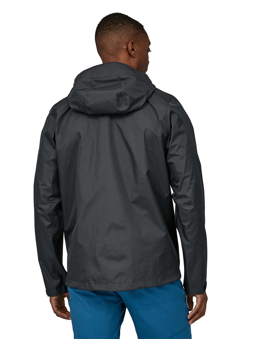 3L rain jacket in black, back view, with attached hood and long sleeves