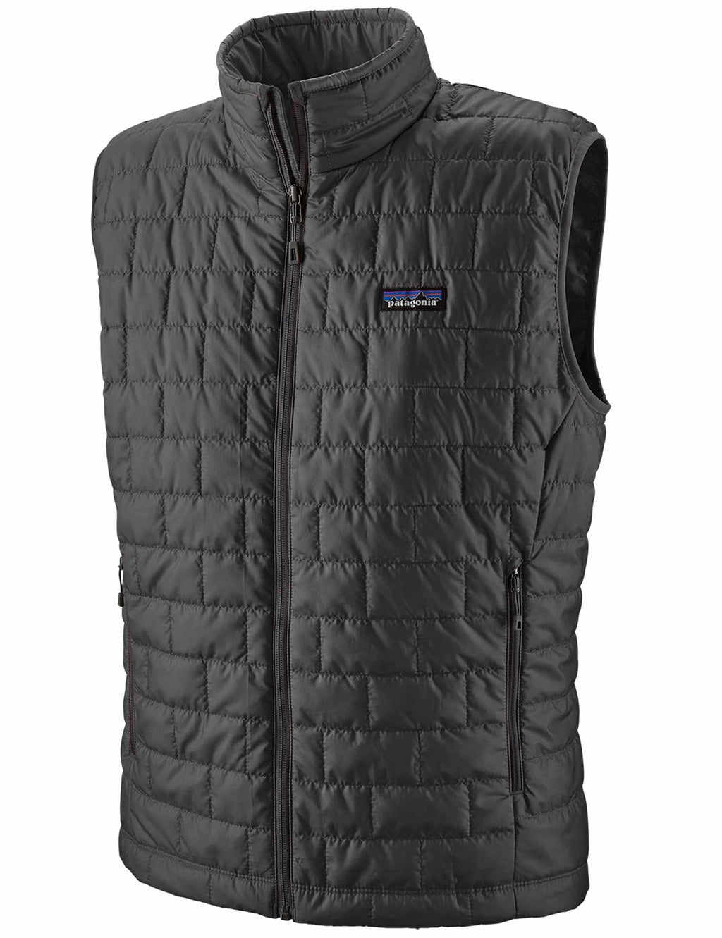 Men's Nano Puff vest in dark gray, full-zip front, quilted stitch pattern, stand collar