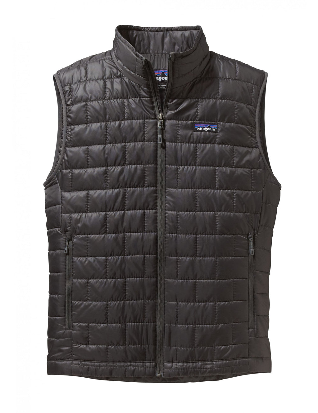 Nano Puff vest front in dark gray, full-zip with stand collar, chest logo and side pockets