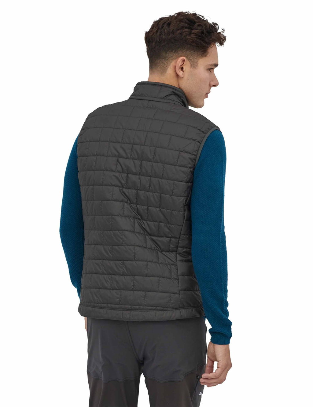 Nano Puff vest back in dark gray with quilted pattern, stand collar, full-zip seam