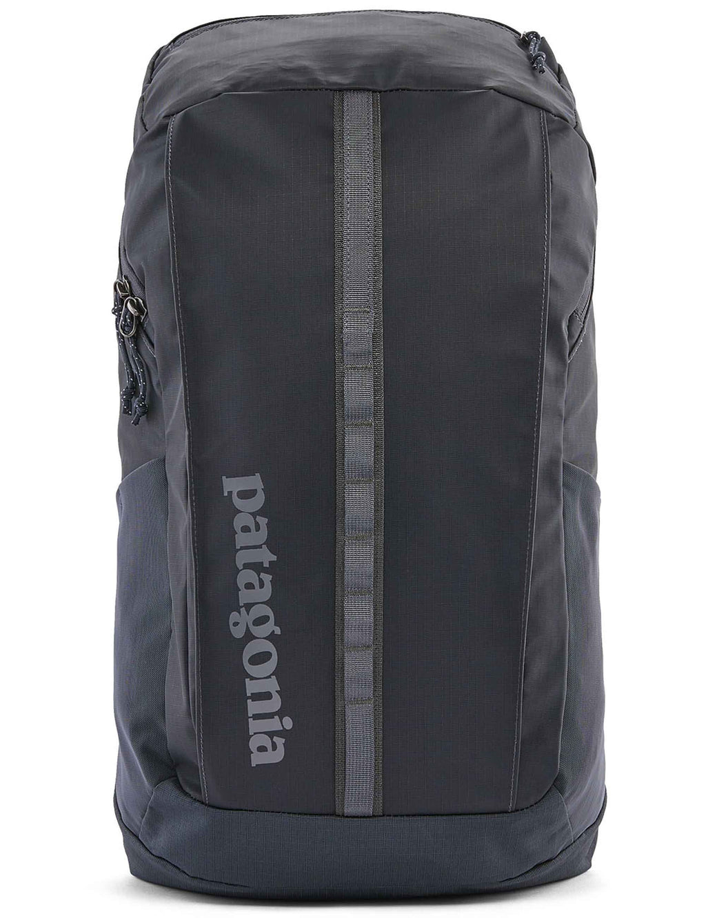 Dark blue backpack front view with vertical Patagonia logo stripe and top handle