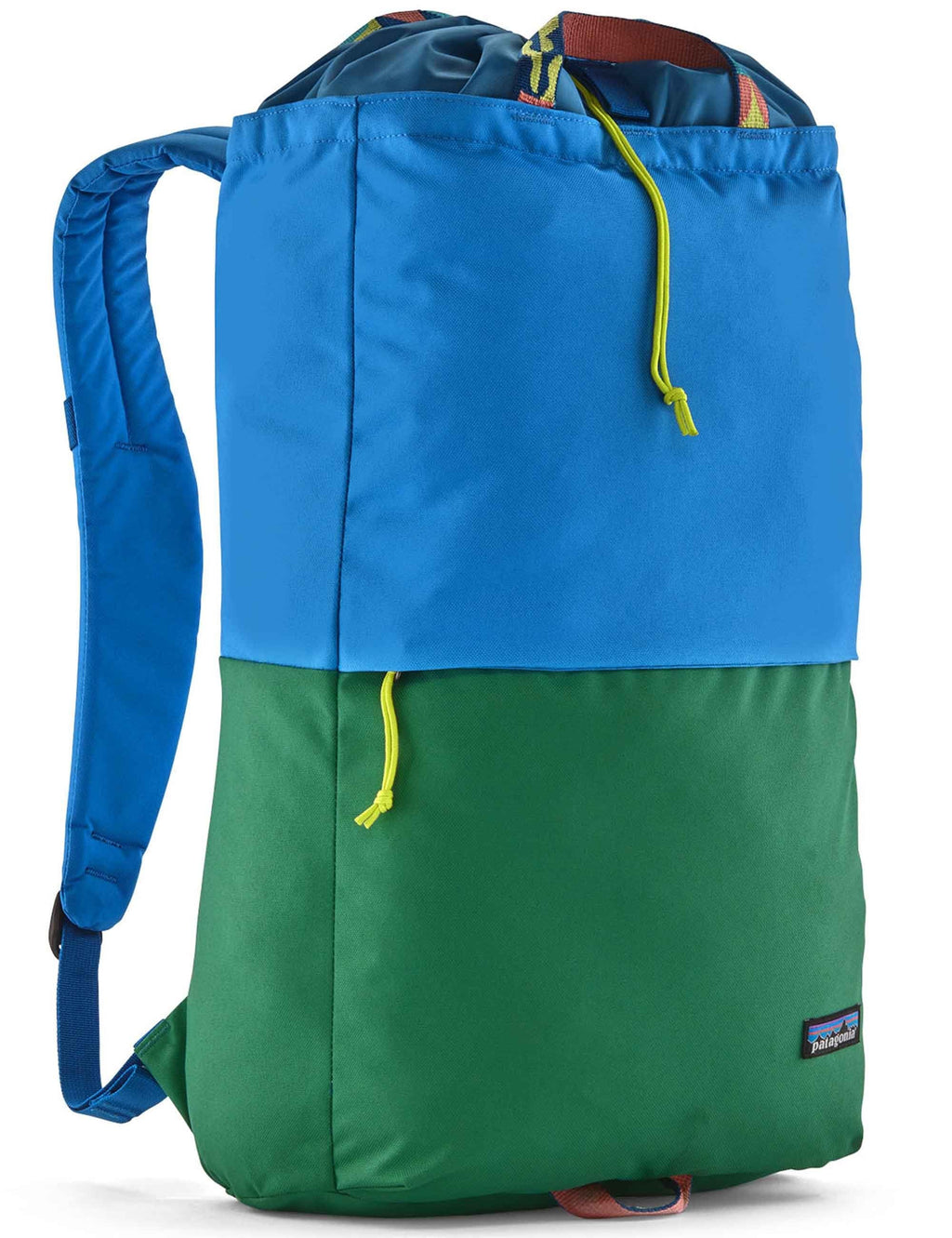 Fieldsmith linked backpack in blue and green with drawstring top and front pocket