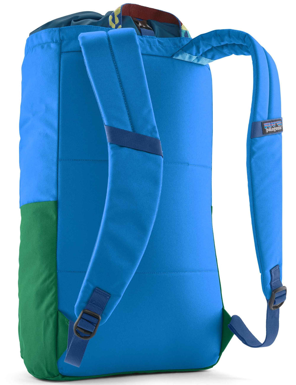 Linked backpack in blue and green with front pocket and padded shoulder straps