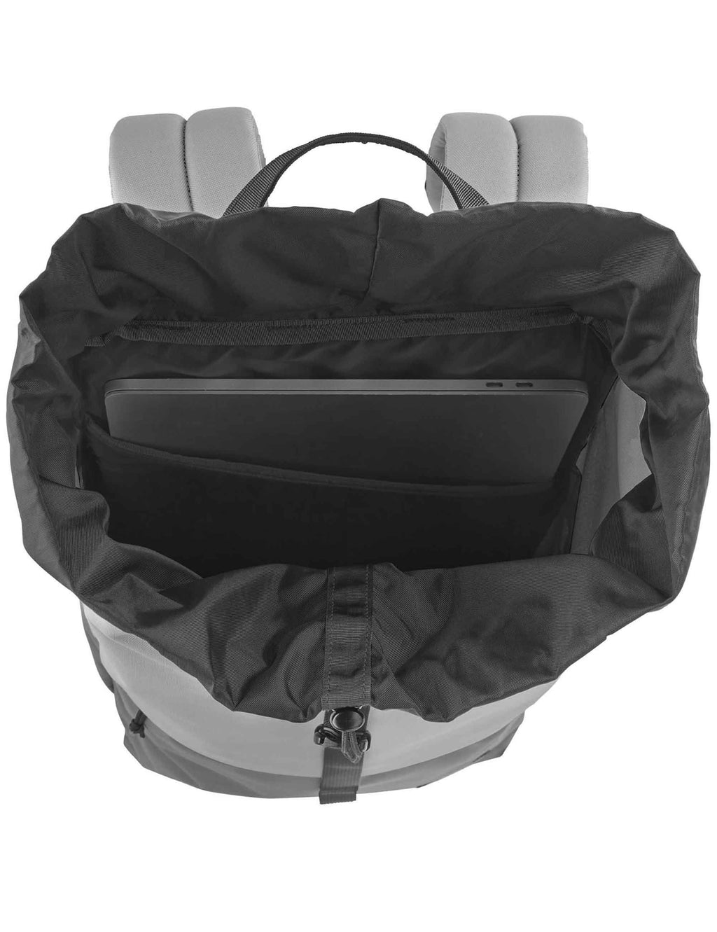 Dark 25L backpack interior view with zip pocket and carry handles