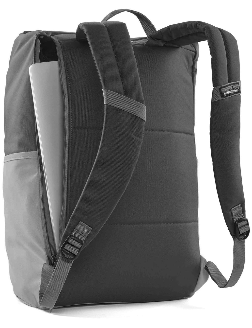 Roll-top backpack in dark gray and black with shoulder straps and front zip panel