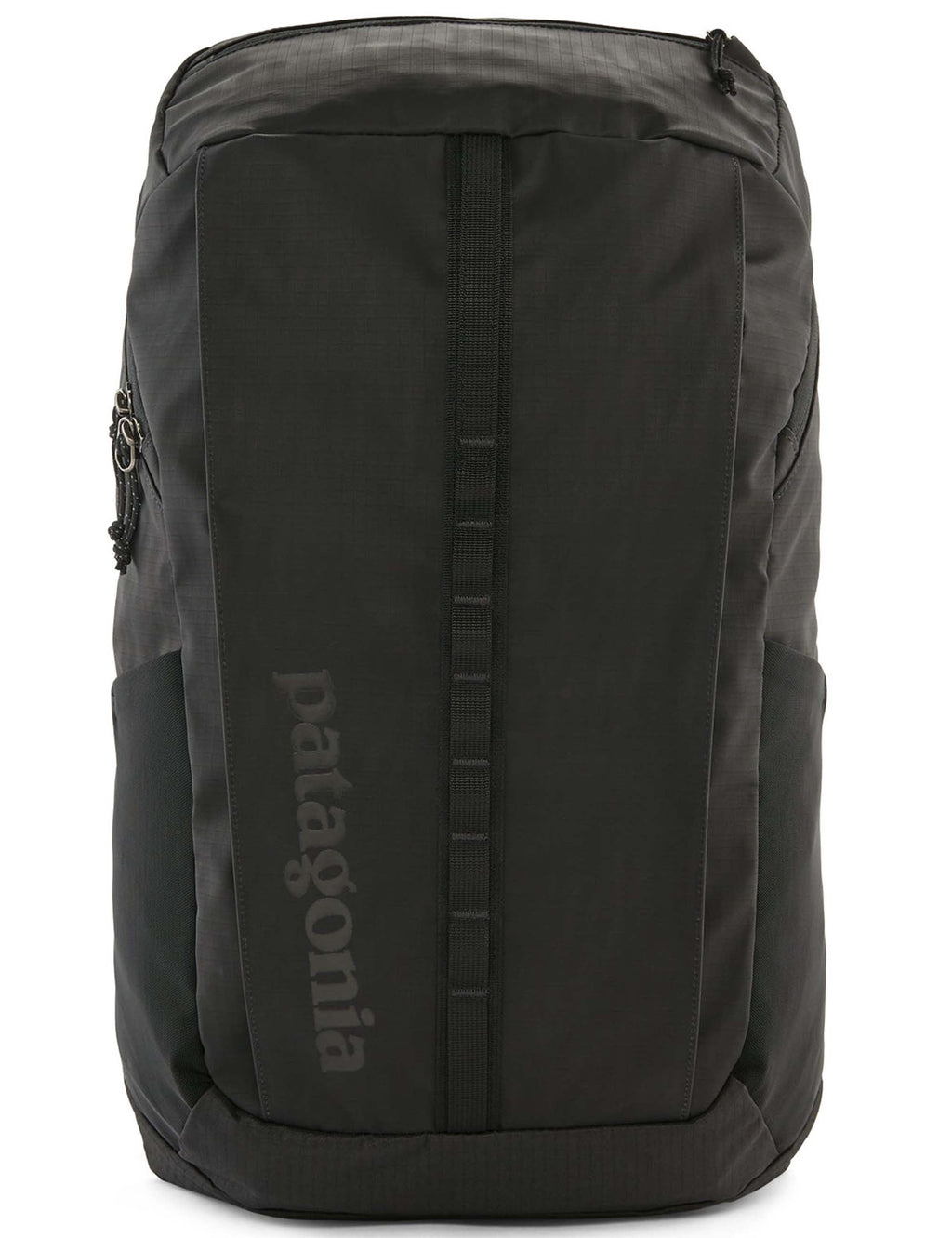 Black 25L backpack with front zipper panel and adjustable webbing straps
