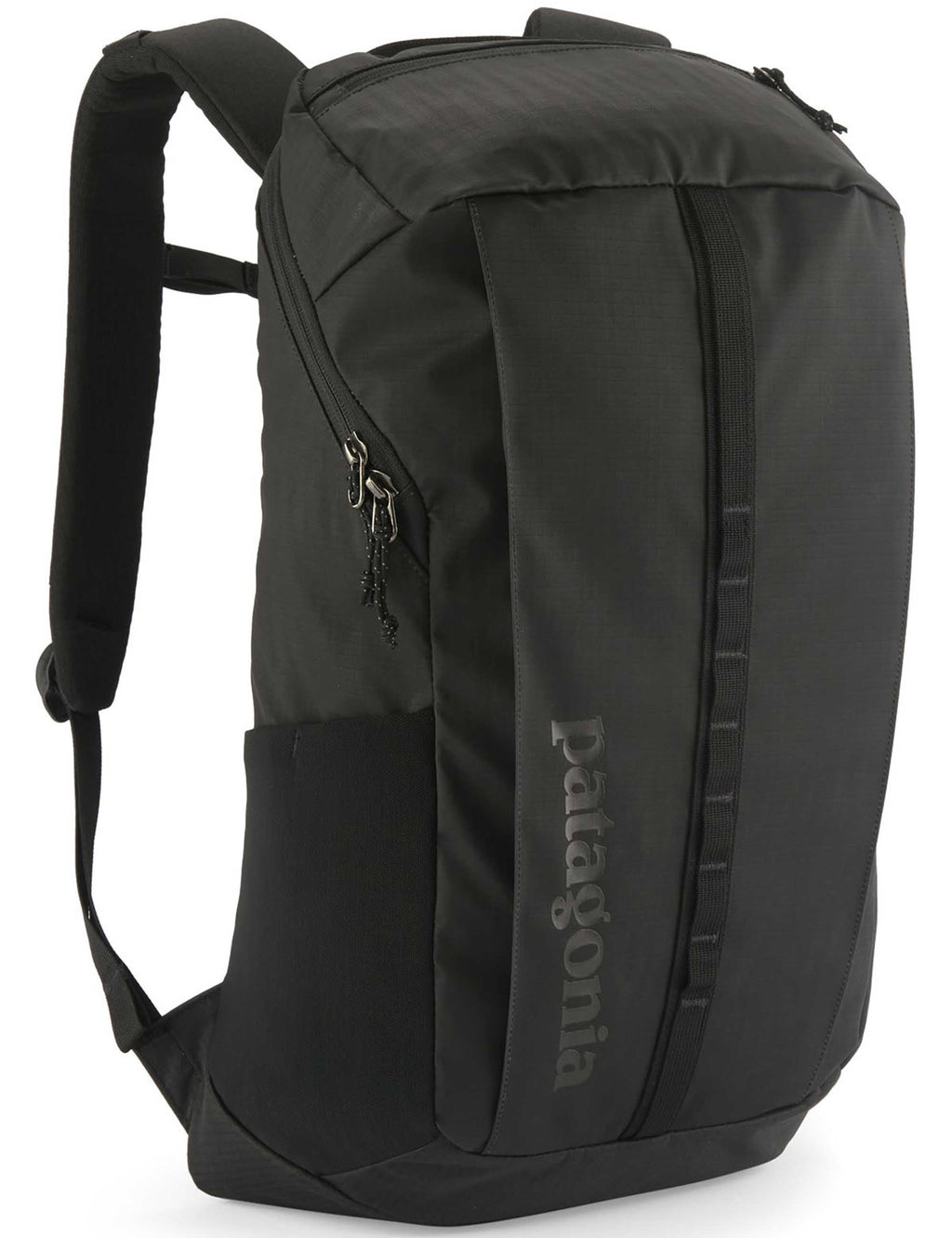 Black 25L backpack side view with shoulder strap and zip pocket; Patagonia logo