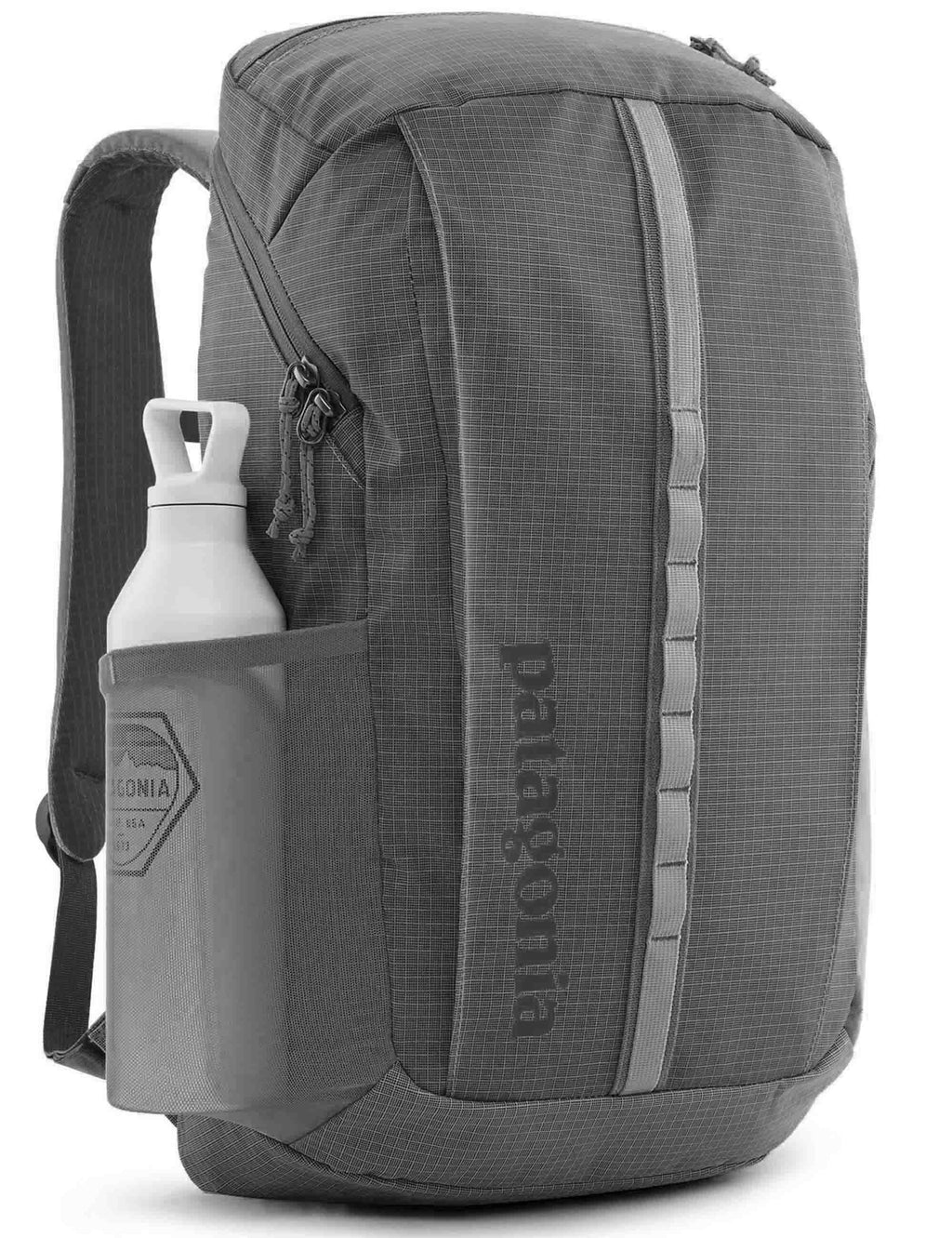 Gray 25L backpack with side pocket holding a white water bottle; Patagonia logo
