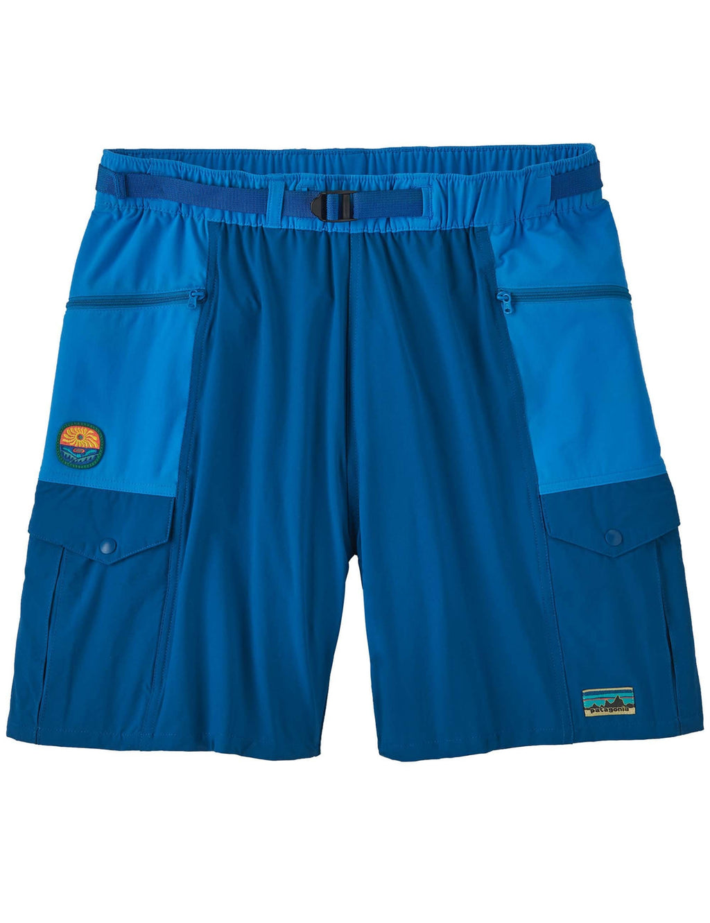 Blue cargo shorts with elastic waistband, drawstring, side pockets