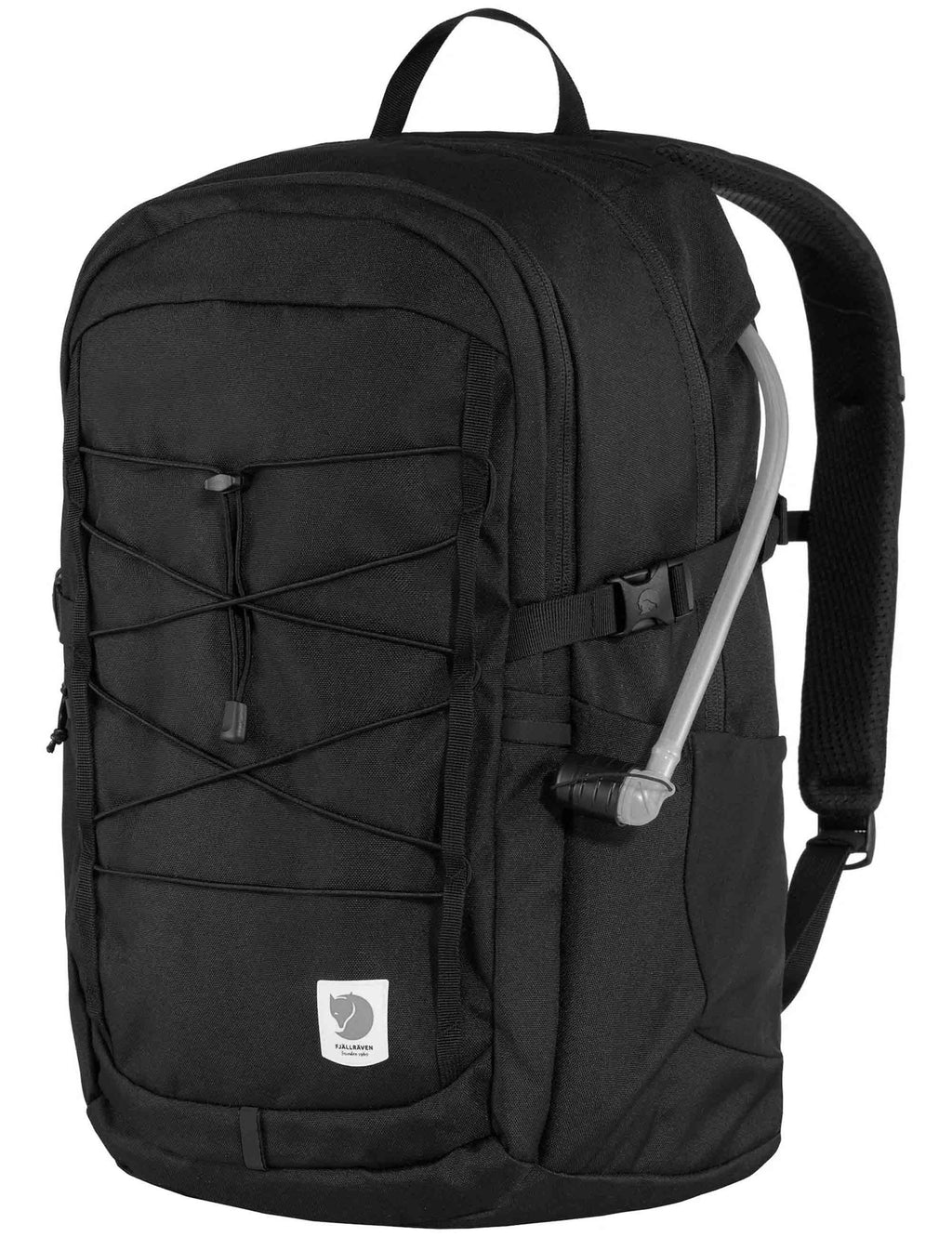 28L black backpack with front zip panel, cross-strap detail, and logo patch