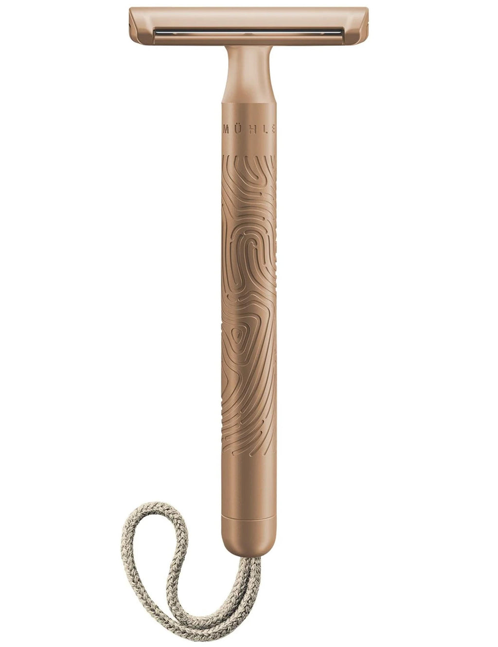 Rose gold double-edged safety razor with braided cord