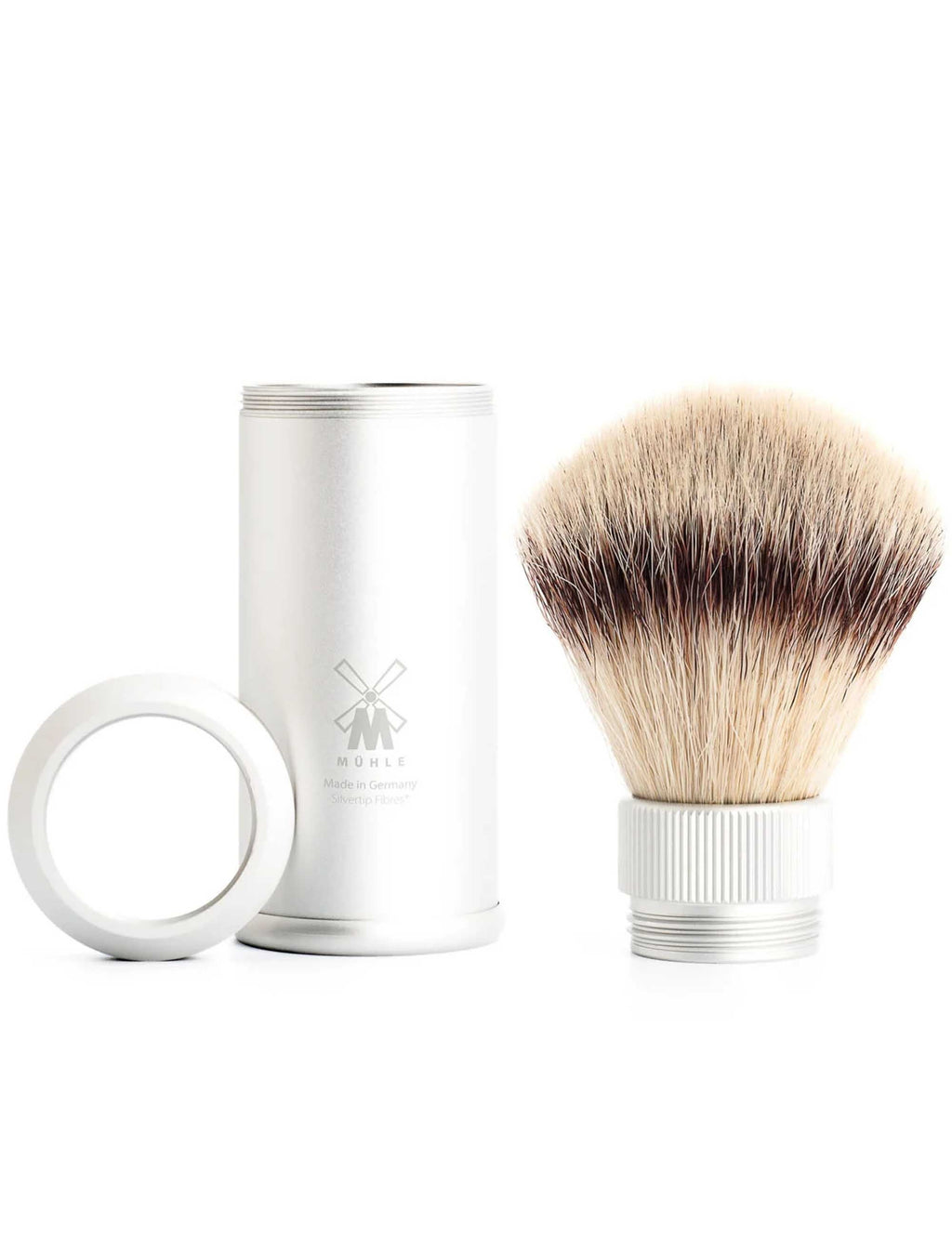 Aluminium travel shaving brush with bristle head, shown with travel tube and lid
