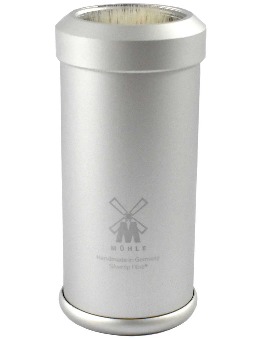 Aluminium travel shaving brush holder with logo, open rim for inserting the brush