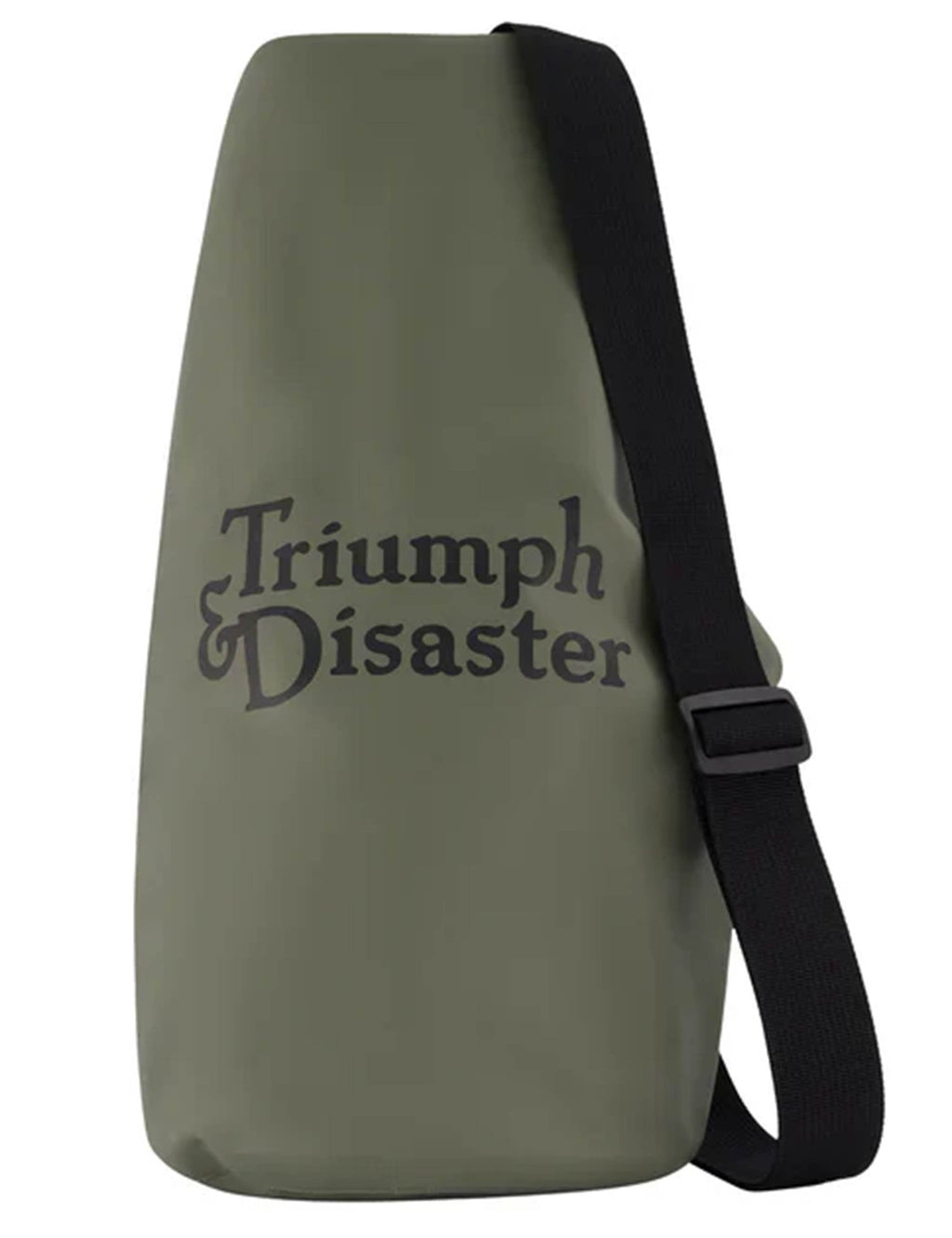 Green gym dry bag with side print 'Triumph & Disaster' and black crossbody strap