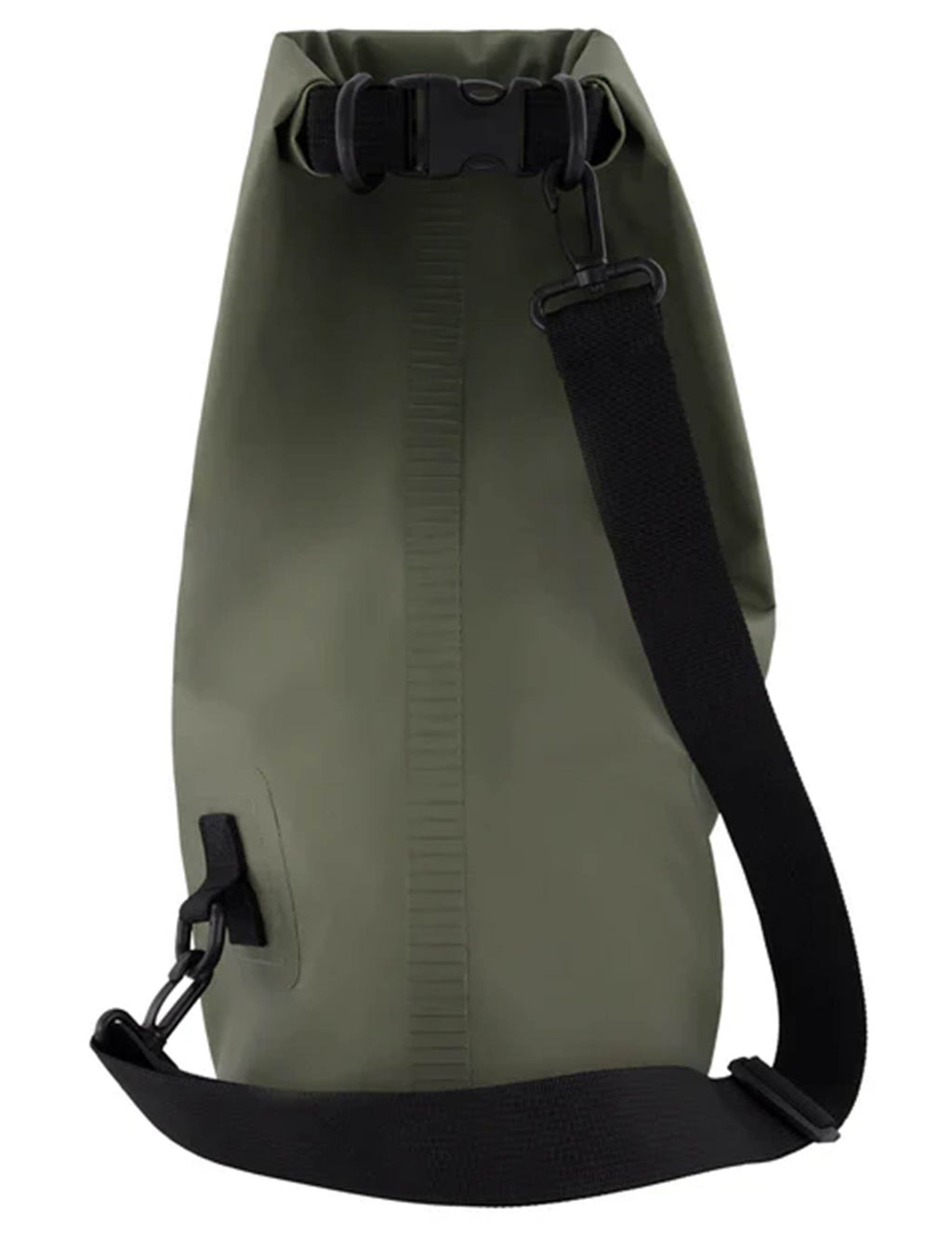 Green gym dry bag with drawstring top, black shoulder strap, 'Triumph & Disaster' logo