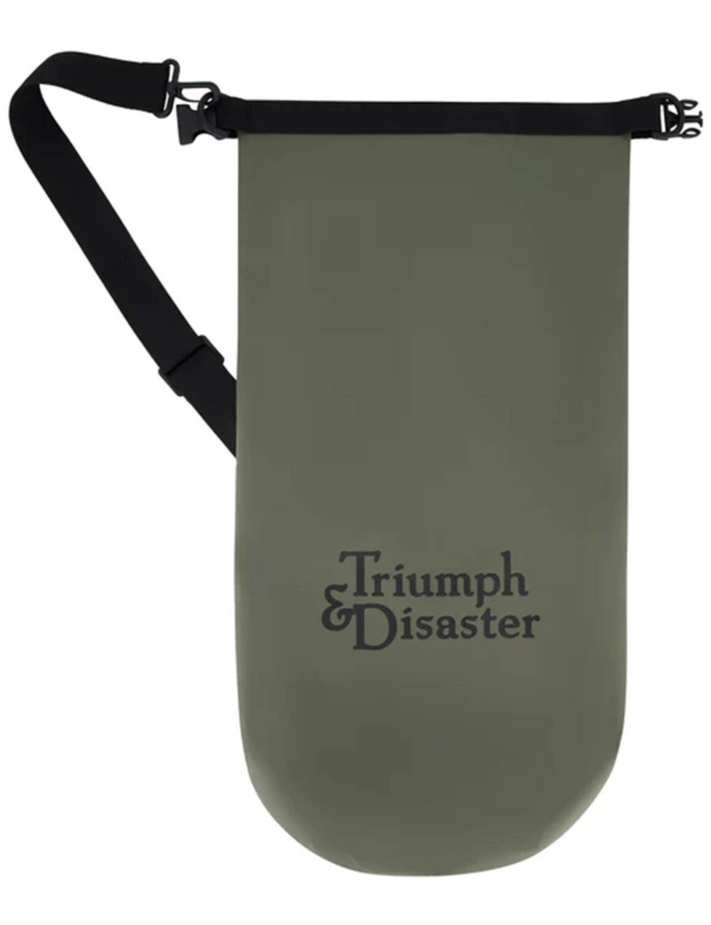 Green gym dry bag with adjustable web strap and 'Triumph & Disaster' text on front