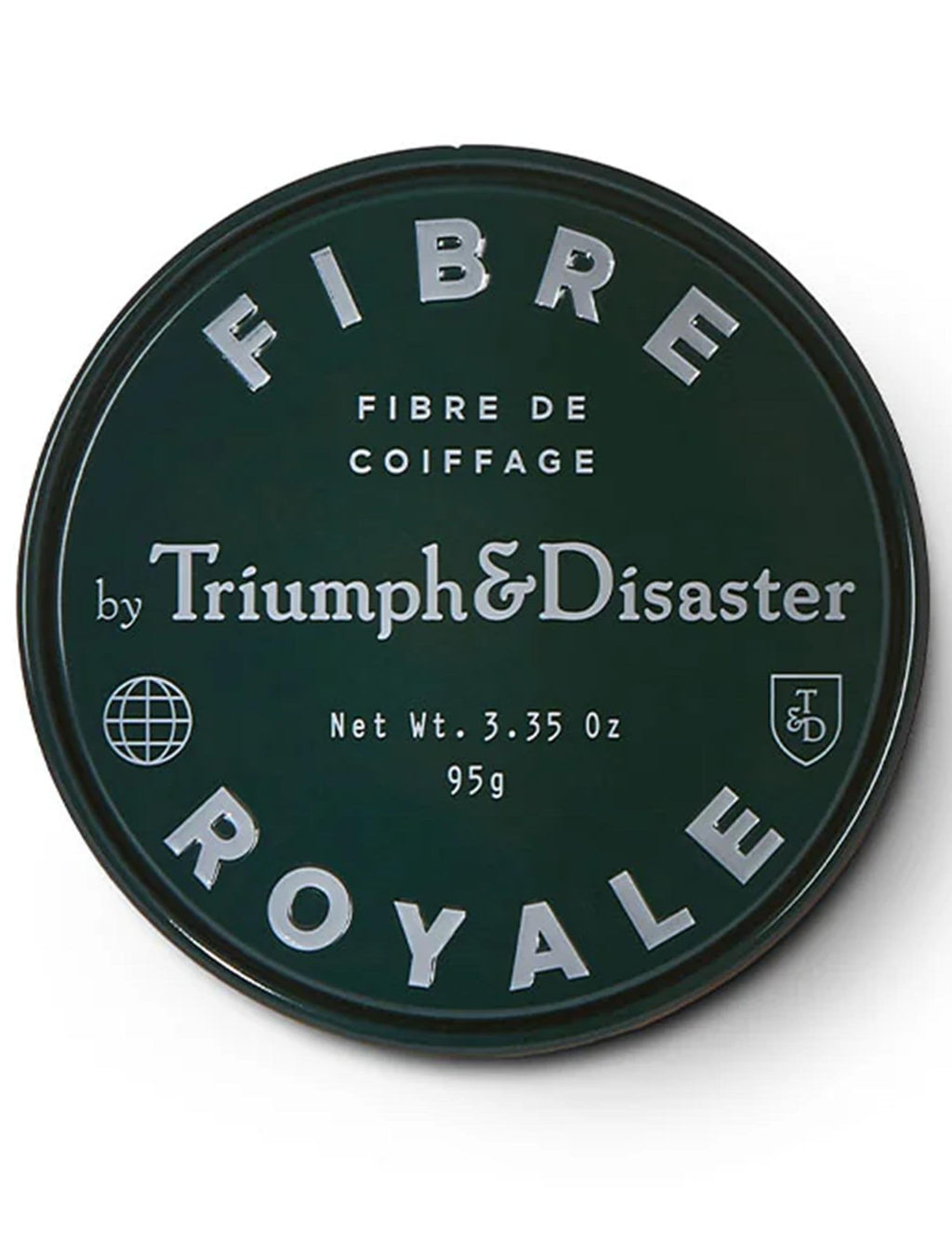 Hair styling fibre jar, dark green lid with 'FIBRE ROYALE' text