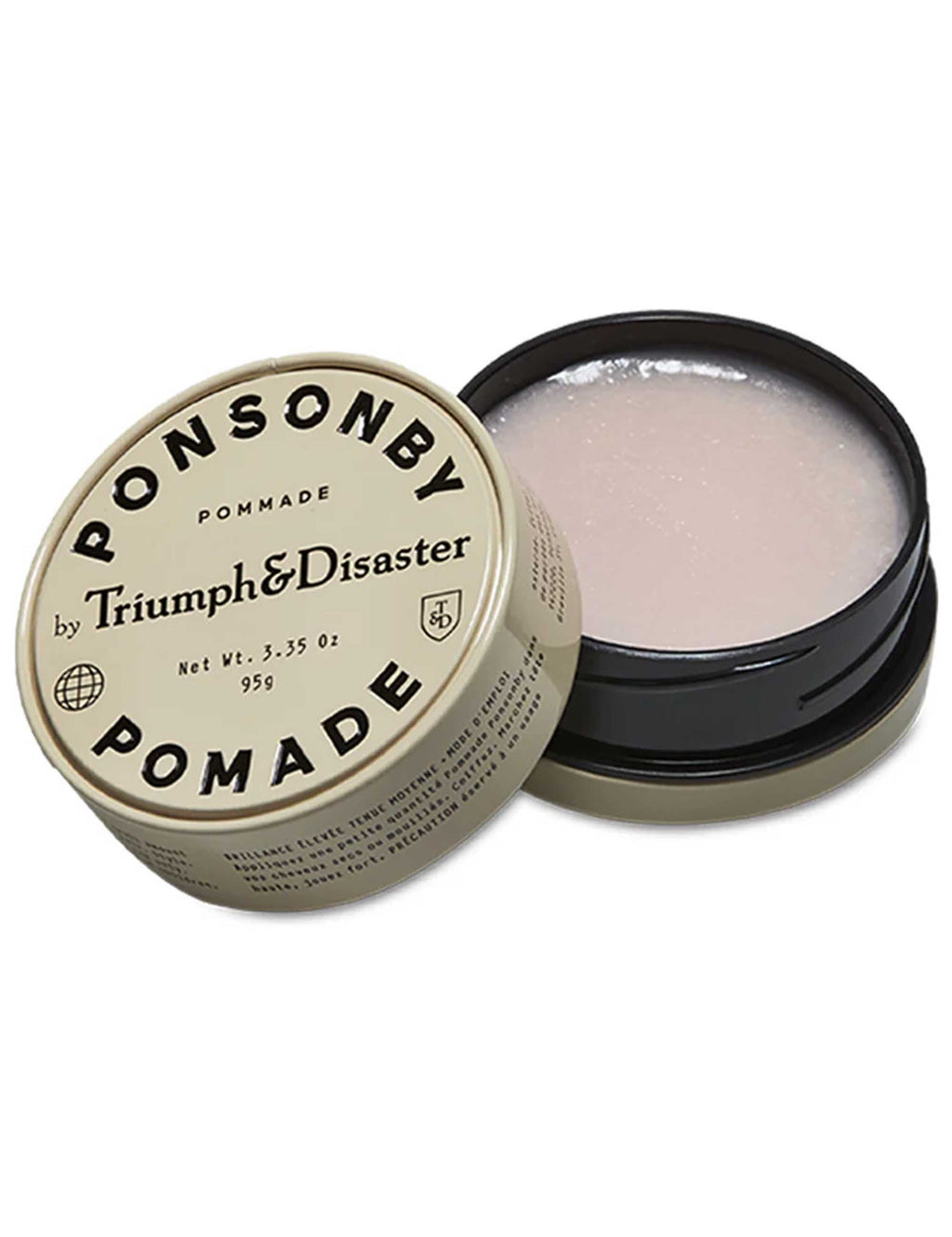 Open pomade tin with black lid, showing pale pink gel inside
