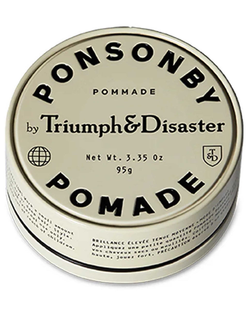 Pomade tin top, round cream metal lid with bold black text and 95 g