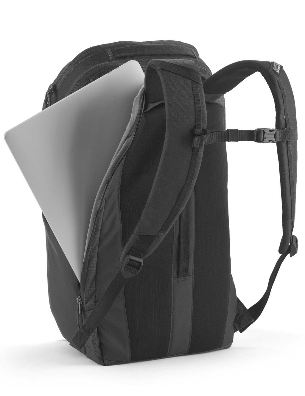 32L black backpack side view with padded straps and zip compartments