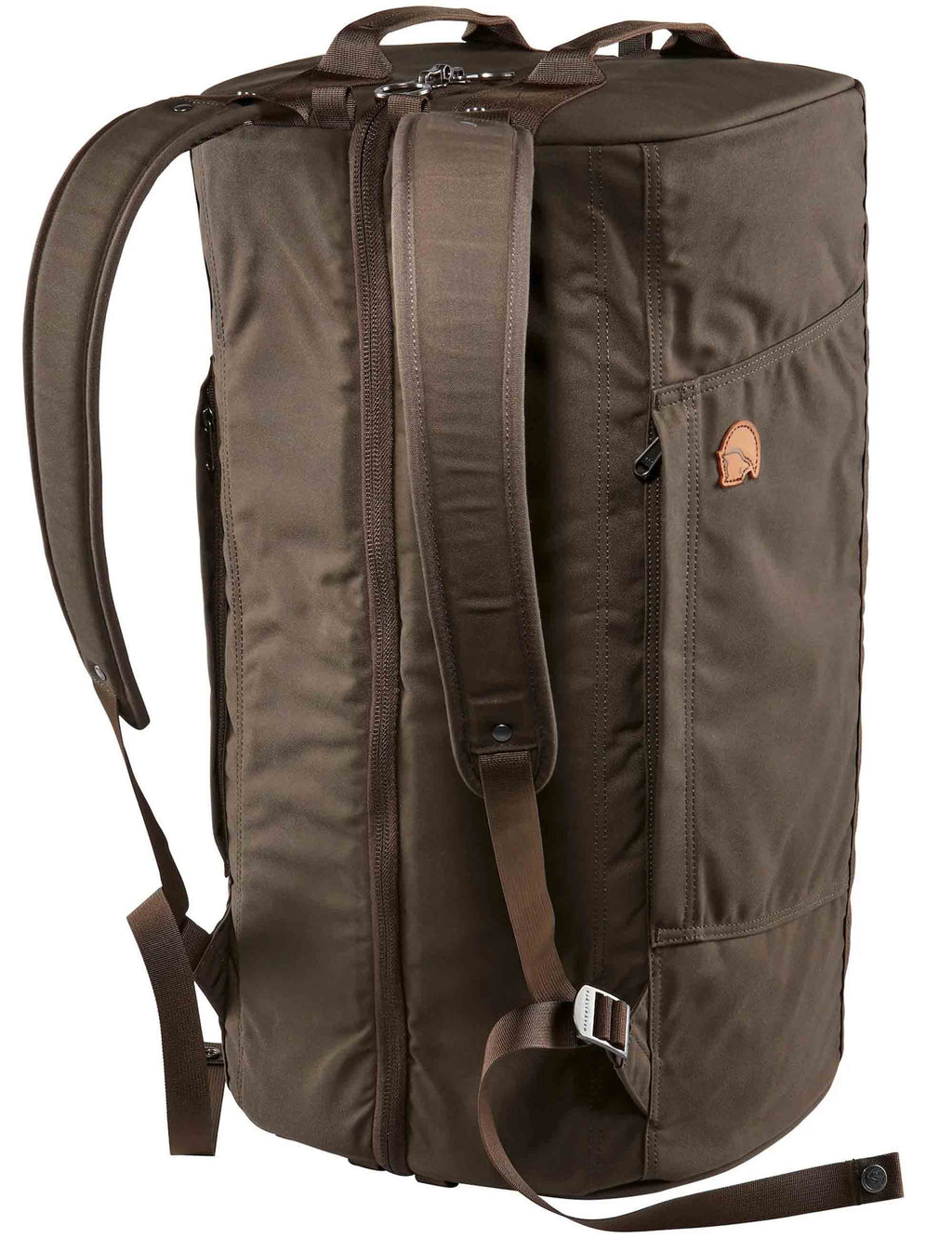 Splitpack travel bag 55L in dark olive with zip front and top carry handle.