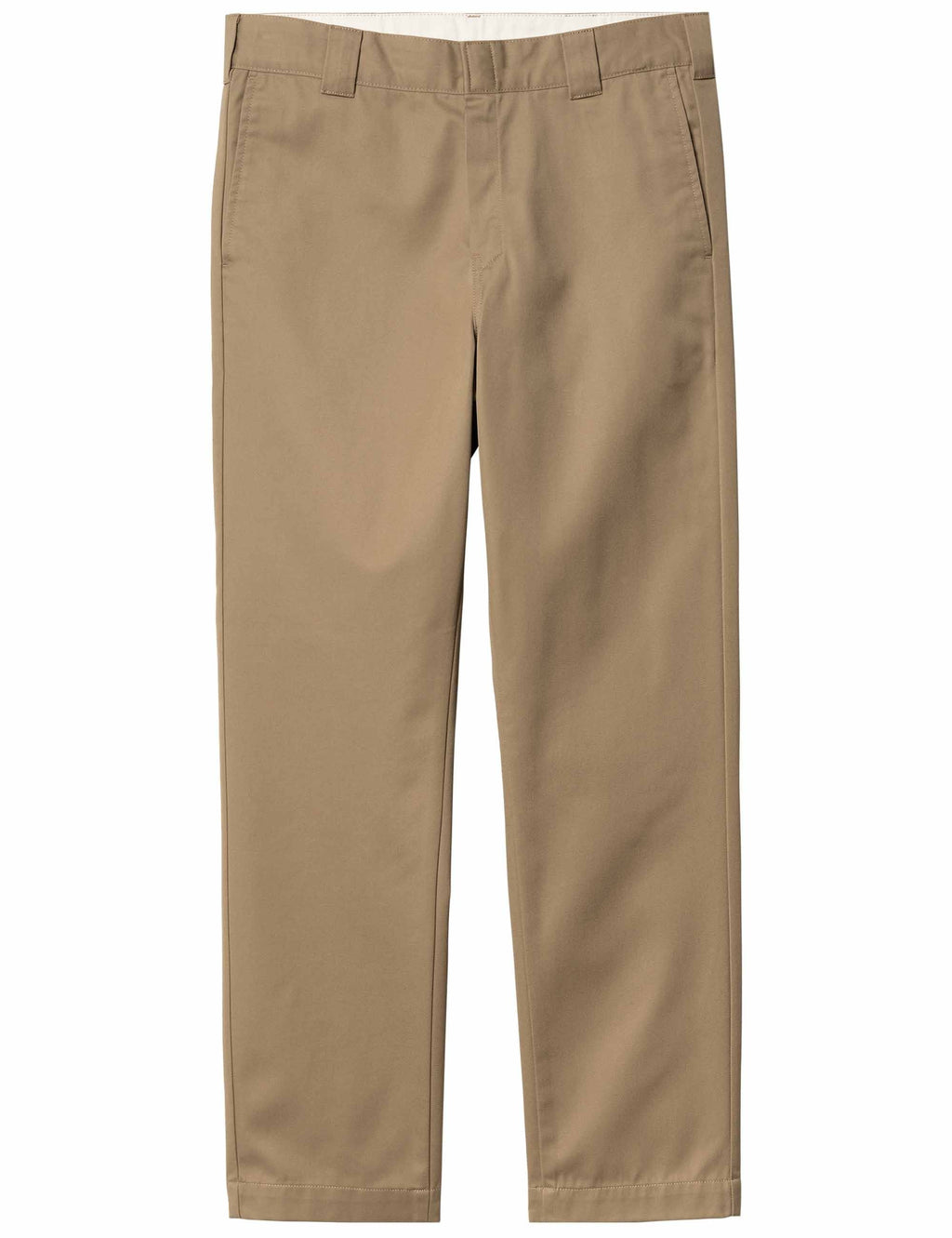 Tan straight-leg trousers with belt loops and zip fly